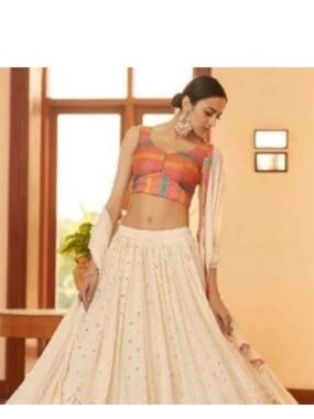Multicolor Crop Blouse with Cream Embellished Lehenga